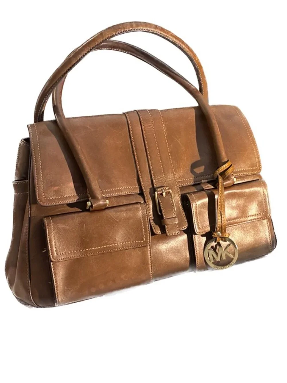 Michael Kors Cognac Brown Leather Satchel Shoulder Bag MK Charm